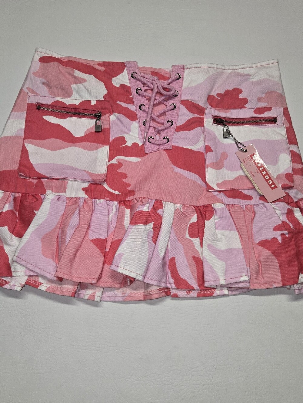 Y2k early 2000s Pink Camo Mini Skirt with ruffle hem and corset tie detail New L